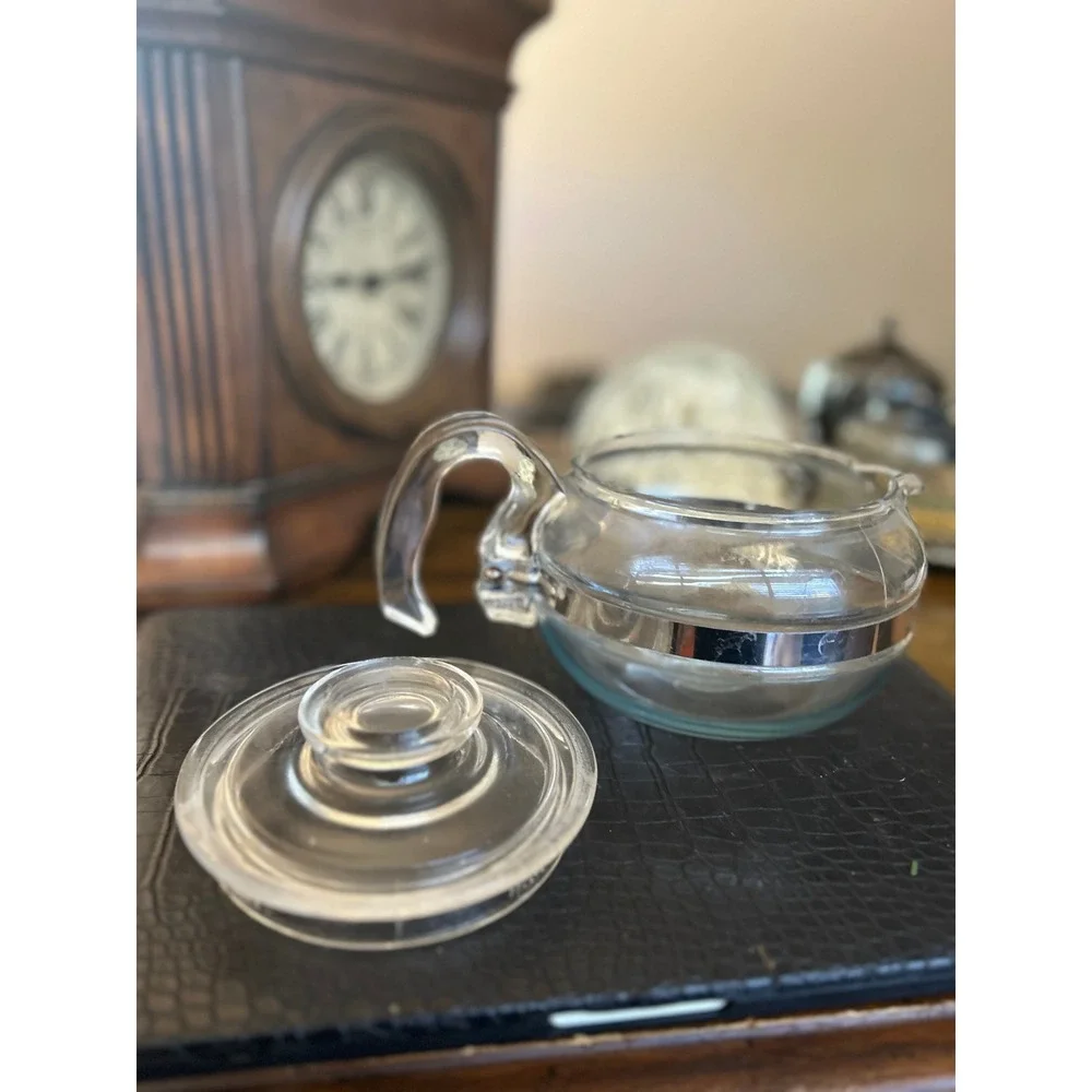 Vintage Pyrex Glass Teapot with Lid and Stainless Steel Band Clear Handle MCM